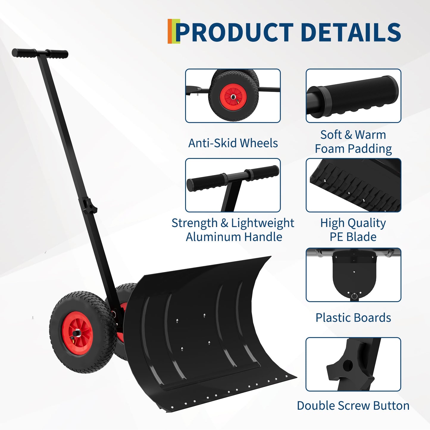 29" W x 16.5" H Heavy-Duty Wheeled Snow Pusher Shovel - Adjustable Handle Height & Blade Angle for Effortless Driveway & Pavement Snow Removal