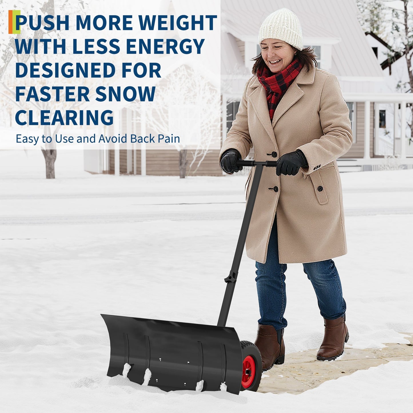 29" W x 16.5" H Heavy-Duty Wheeled Snow Pusher Shovel - Adjustable Handle Height & Blade Angle for Effortless Driveway & Pavement Snow Removal