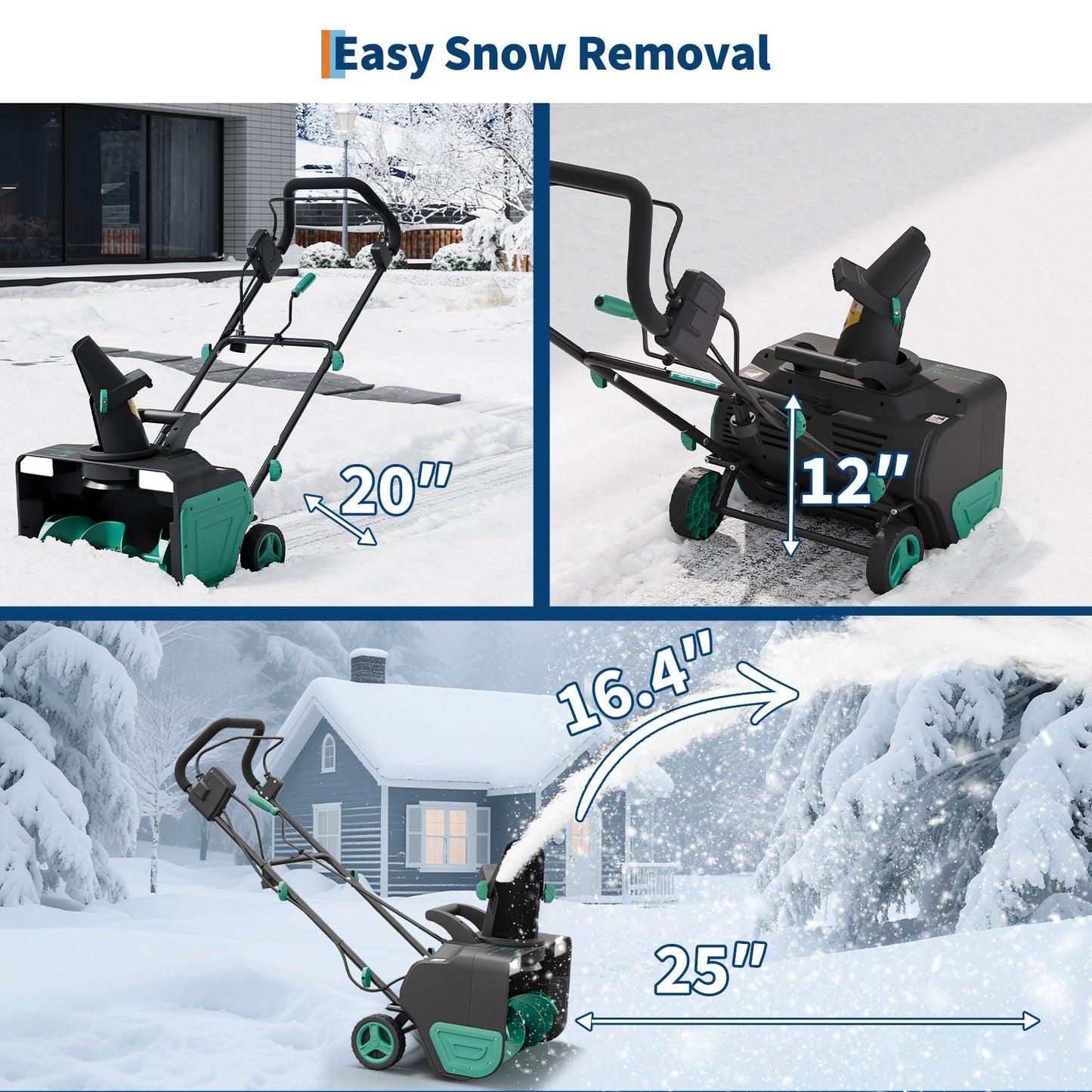 20-Inch Electric Snow Blower Brushless Motor 1800W 180° Adjustable Chute Waterproof All-Terrain Wheels 2 LED Lights Driveways Walkways
