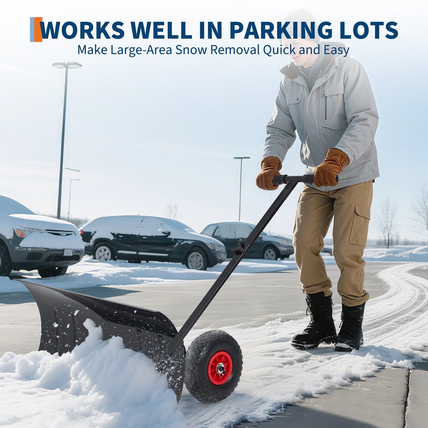 29" Snow Shovel with Wheels Heavy Duty Push Snow Plow Shovel, Adjustable Handle, Angled Blade, Efficient Snow Removal for Pavement