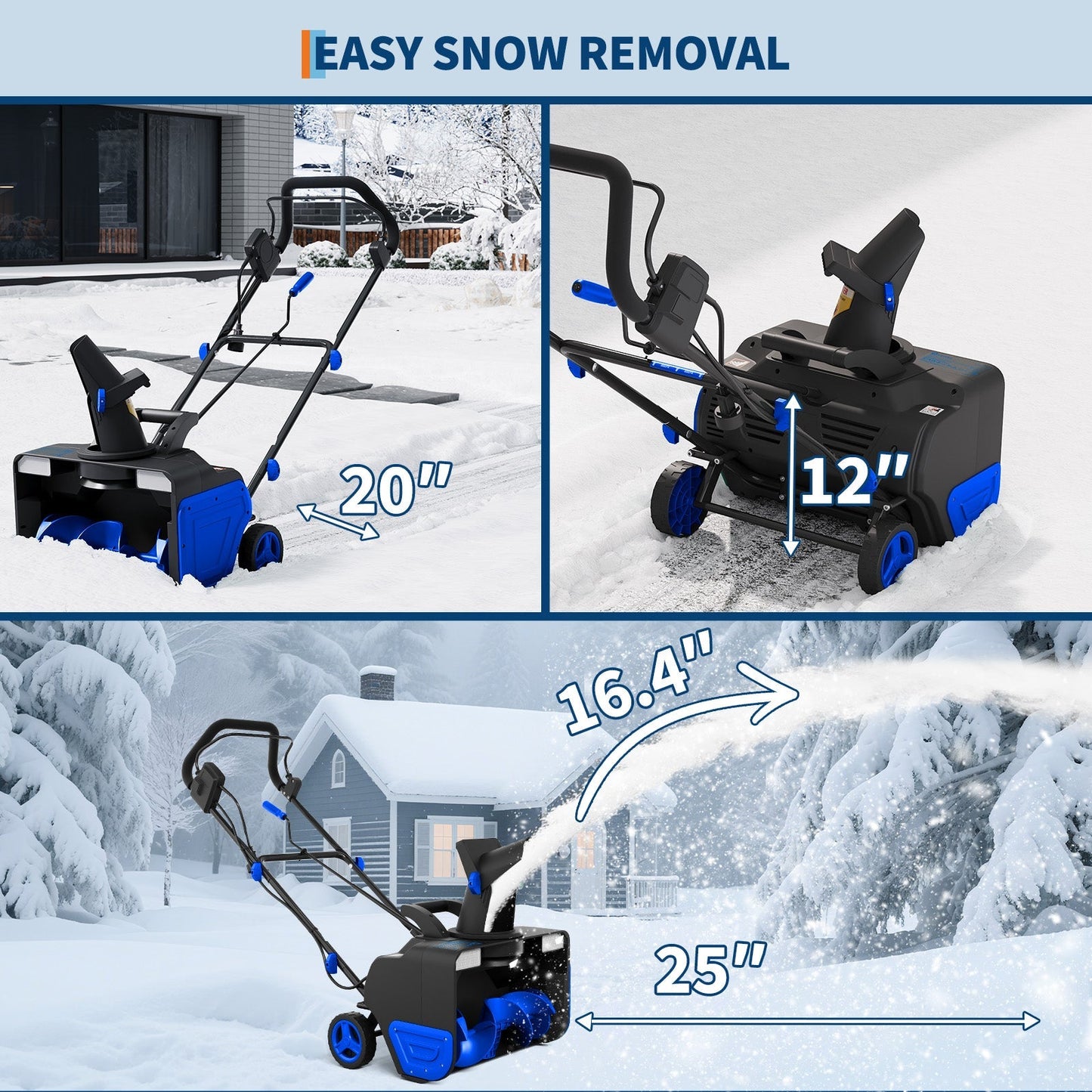20" Electric Snow Blower Brushless Motor 1800W 180° Adjustable Chute Waterproof All-Terrain Wheels 2 LED Lights Driveways Walkways