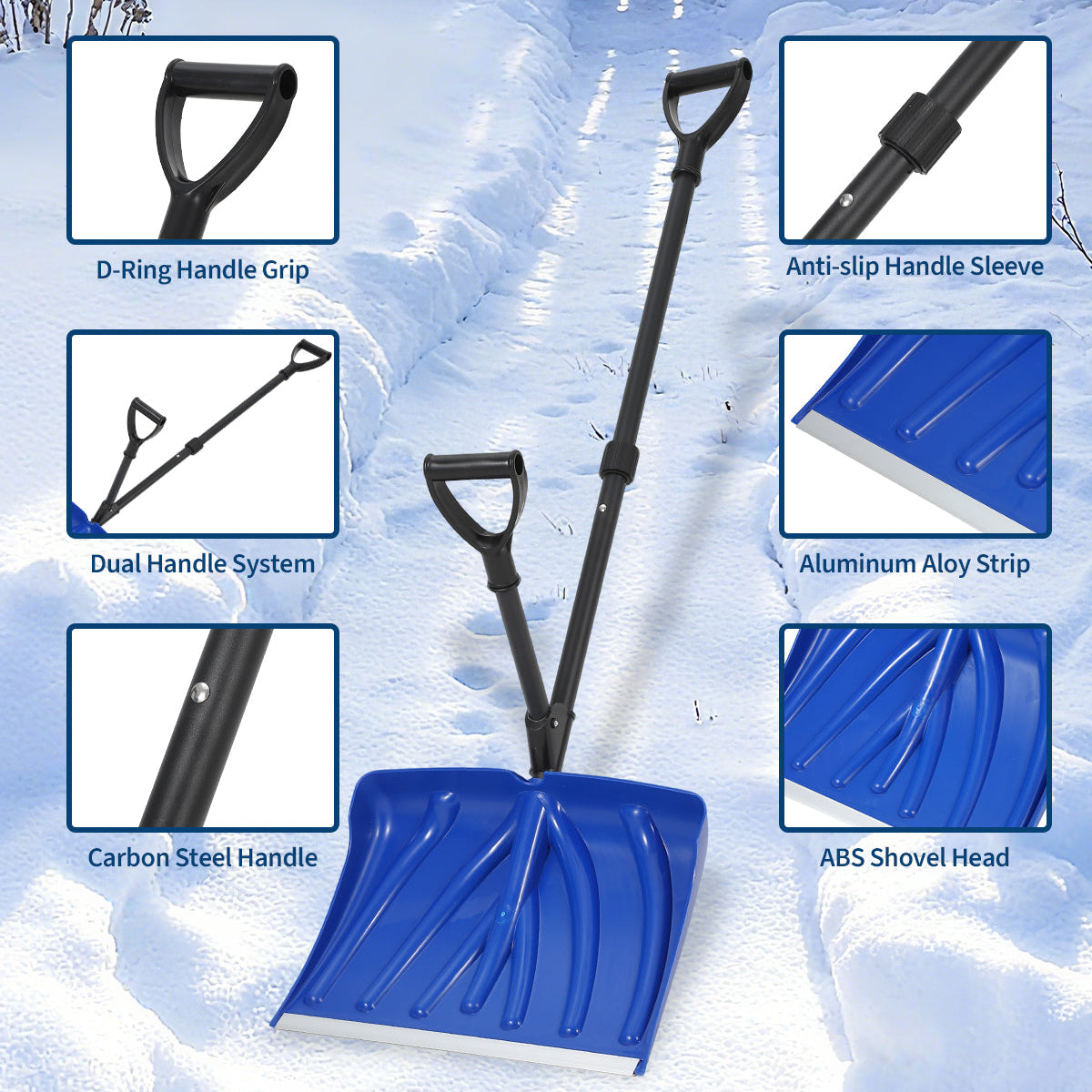 17.7"W X 12.6"H Snow Shovel with Assisted D-Ring Handle, Ergonomic Snow Pusher Shovel, Lightweight & Durable Winter Tool for Driveway Walkway Garden Patio Yard