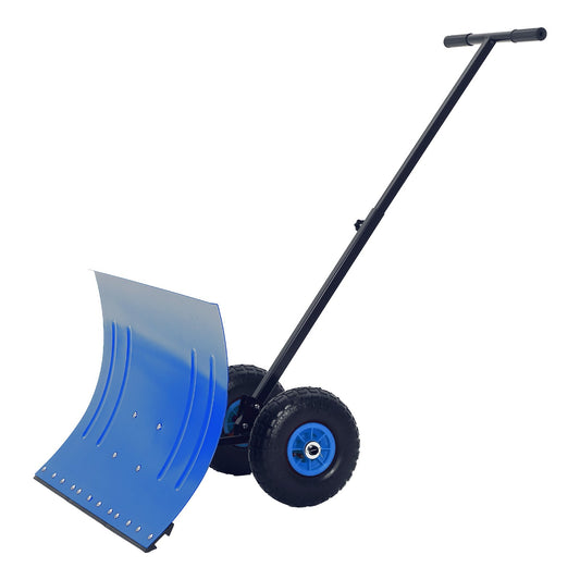 29"W X 20"H Snow Shovel with Wheels for Driveway, Adjustable Snow Pusher with 5-Position Angle & Height Handle, Ergonomic Back-Saving Snow Removal Tool for Sidewalks, Yards & Patios - Blue