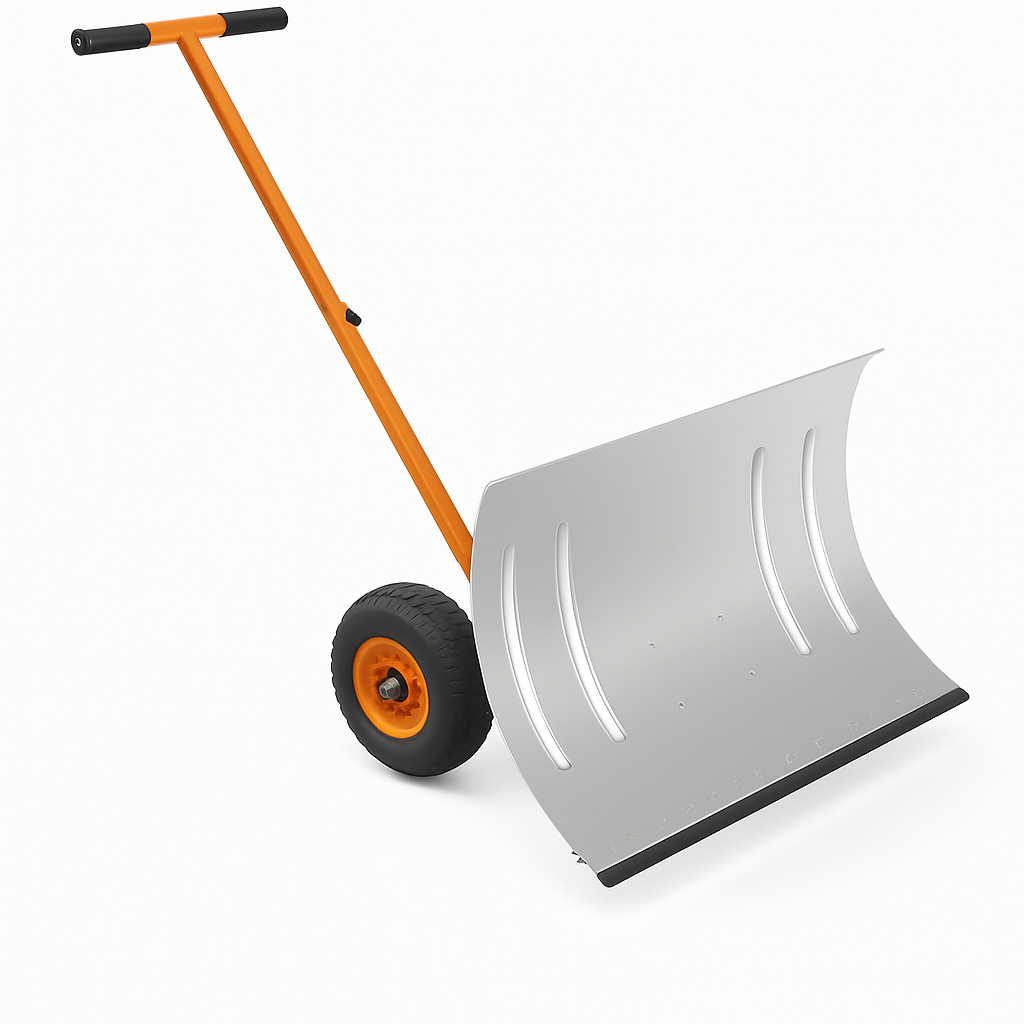 29"W X 16.5"H Heavy Duty Metal Snow Shovel with Wheels – Wide Angled Blade – 5-Level Adjustable Ergonomic Handle – Back-Saving Snow Pusher for Driveways, Sidewalks, Yards – Silver with Orange-Yellow Handle and Wheels