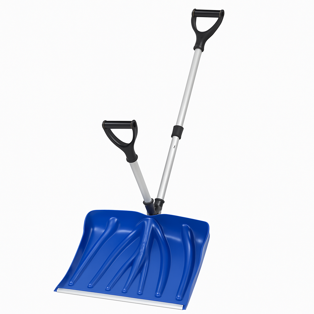 17.7"W X 12.6"H Ergonomic Snow Shovel – Aluminum-Edged Blade with Assisted D-Ring Handle – Lightweight Snow Pusher for Patio, Garden, Yard – Blue Shovel with Silver Pole